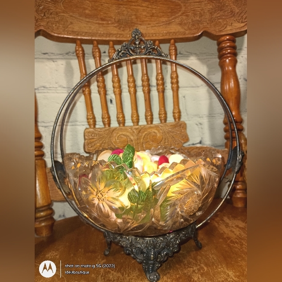 Vintage Thick Lead Crystal Flower Carved Bowl Lexington Holder Antique